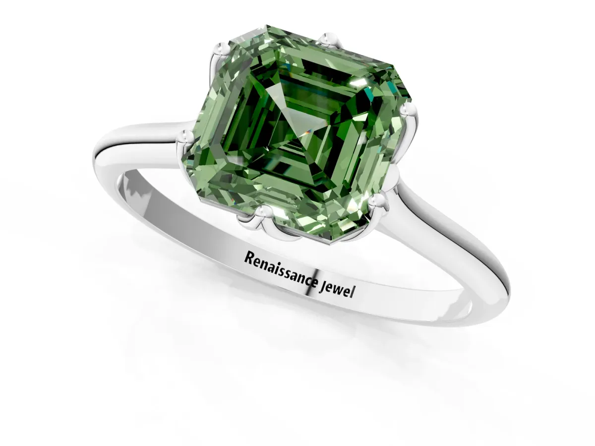Fancy Green Asscher Cut Solitaire Cathedral Diamond Ring with Six-Prong Setting Platinum