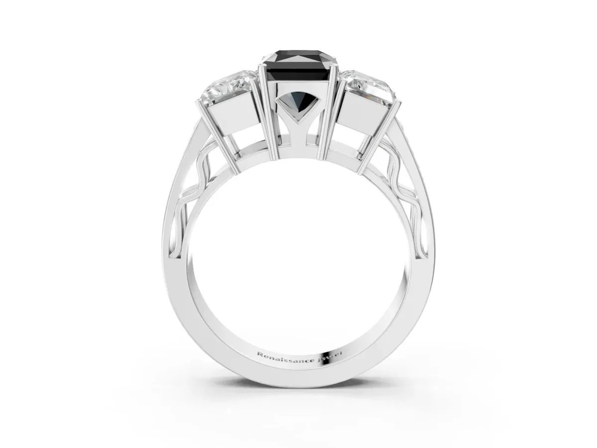 Fancy Black Radiant Cut Diamond Three-Stone Ring with Prong Setting and Textured Band Platinum