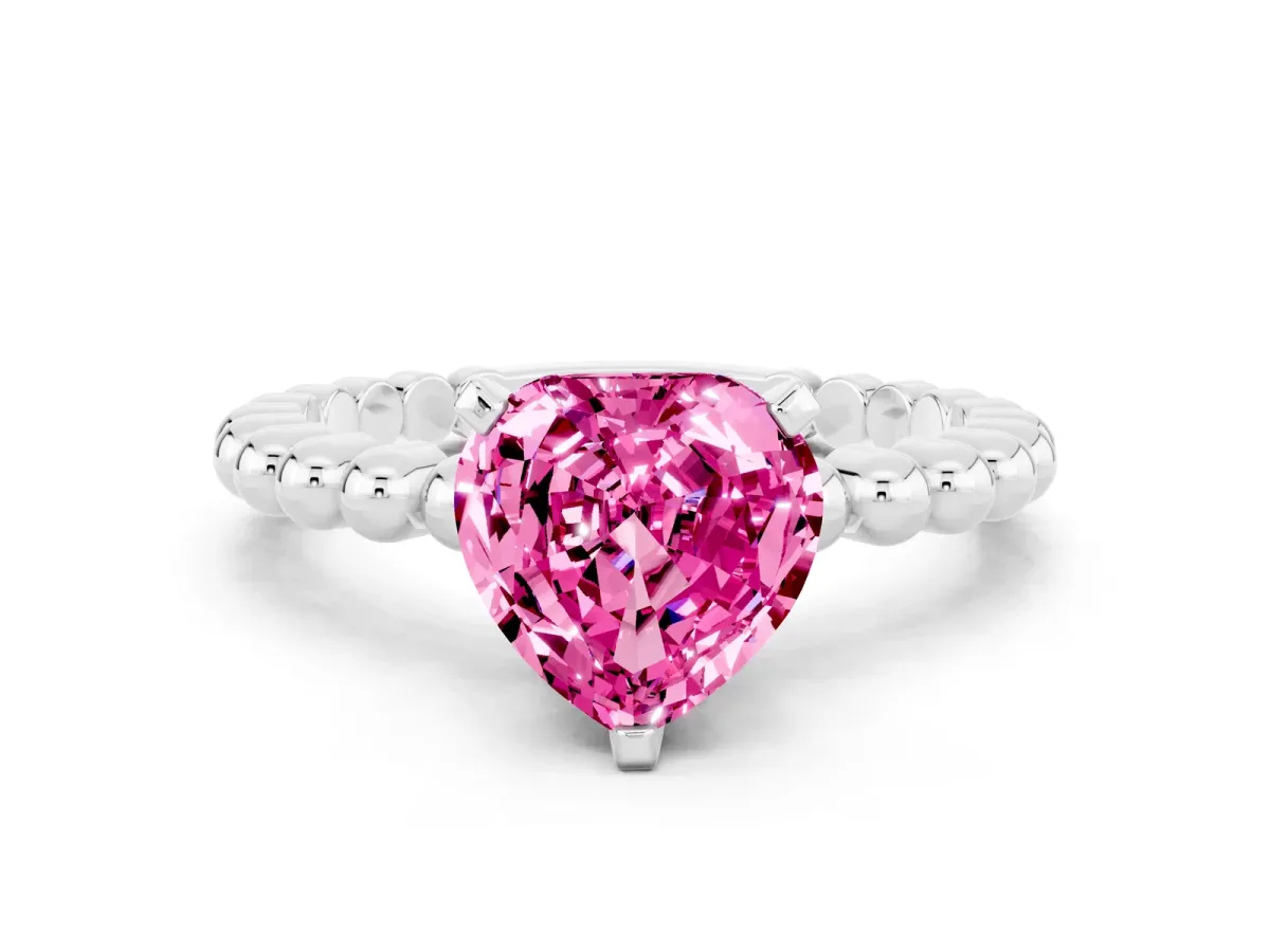 Heart Cut Pink Sapphire Solitaire Ring with Beaded Band and Prong Setting Silver
