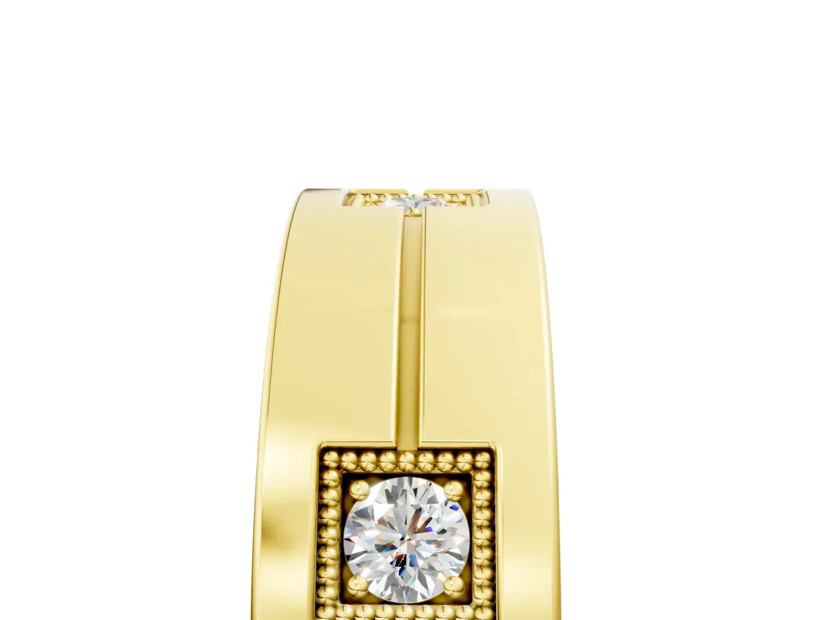 Round Diamond Square Station Mens Band Yellow gold