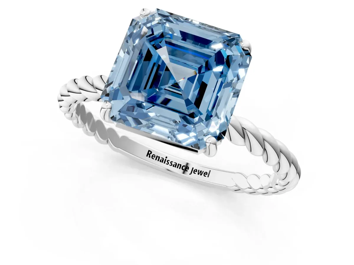 Fancy Blue Asscher Cut Solitaire Twisted Band 4-Prong Ring Platinum