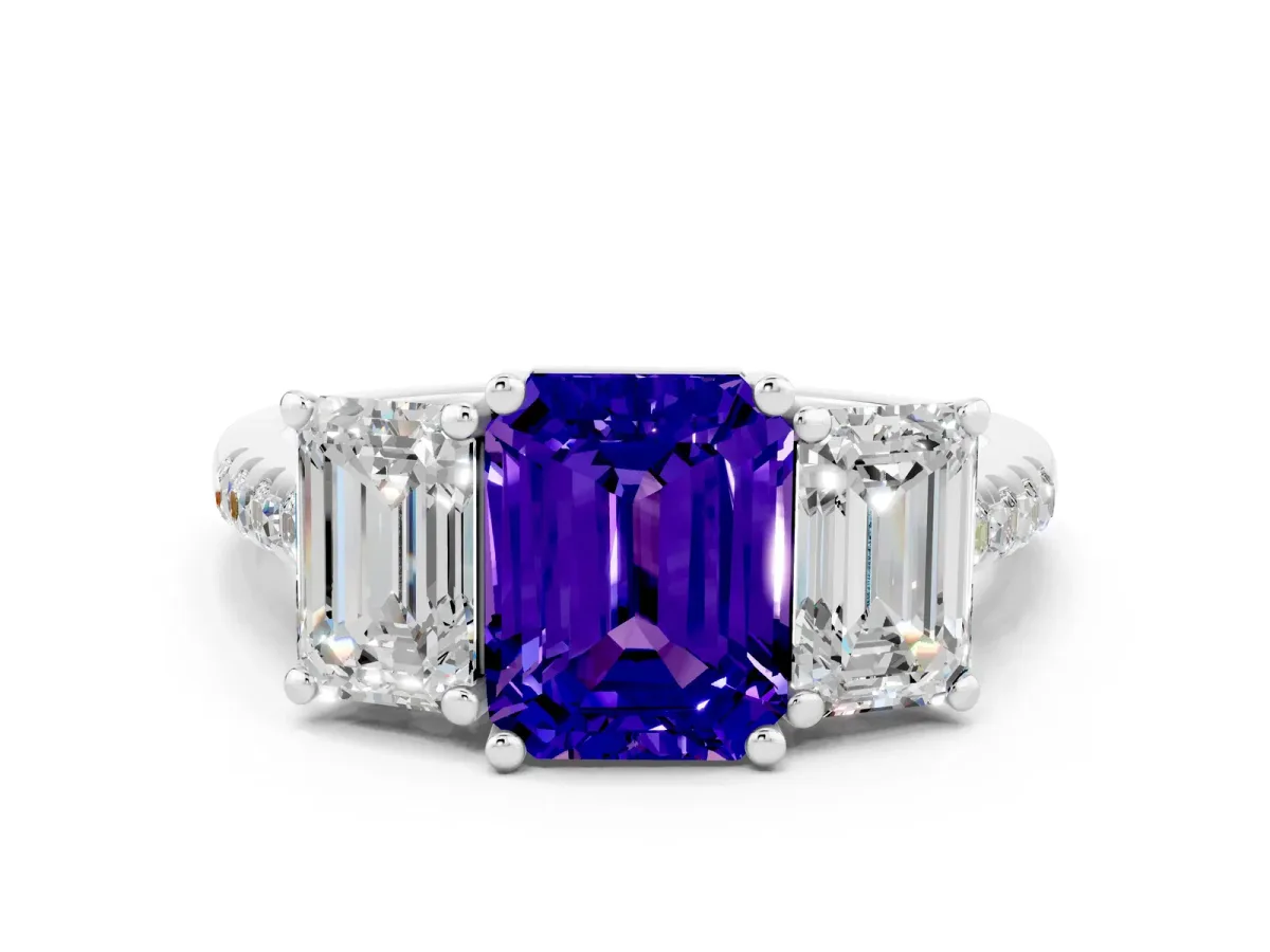 Three-Stone Emerald Cut Tanzanite Ring with Round Pavé Band and Prong Setting Platinum