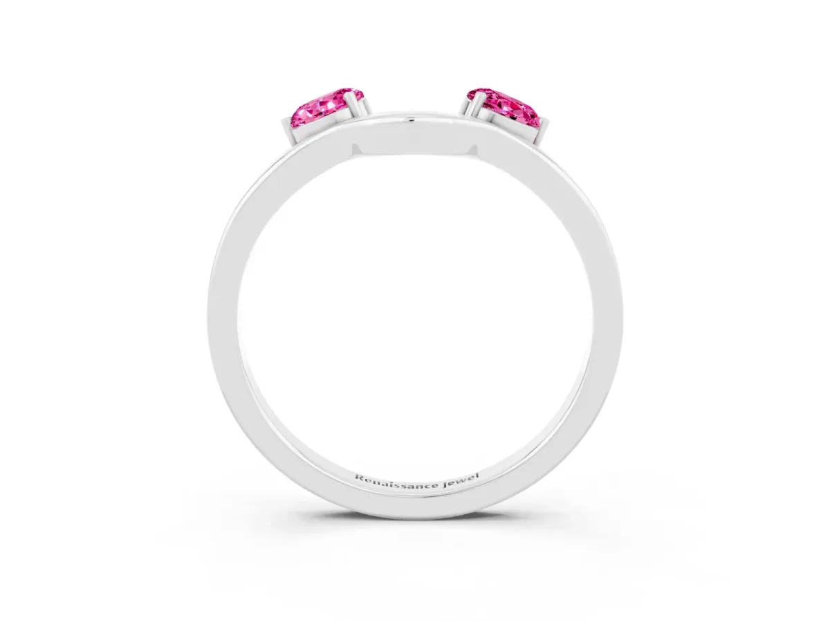Dual Round Pink Sapphire Open Band Ring with Prong Setting Silver