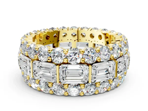 Emerald Cut and Round Diamond Three-Row Eternity Mens Band Yellow gold
