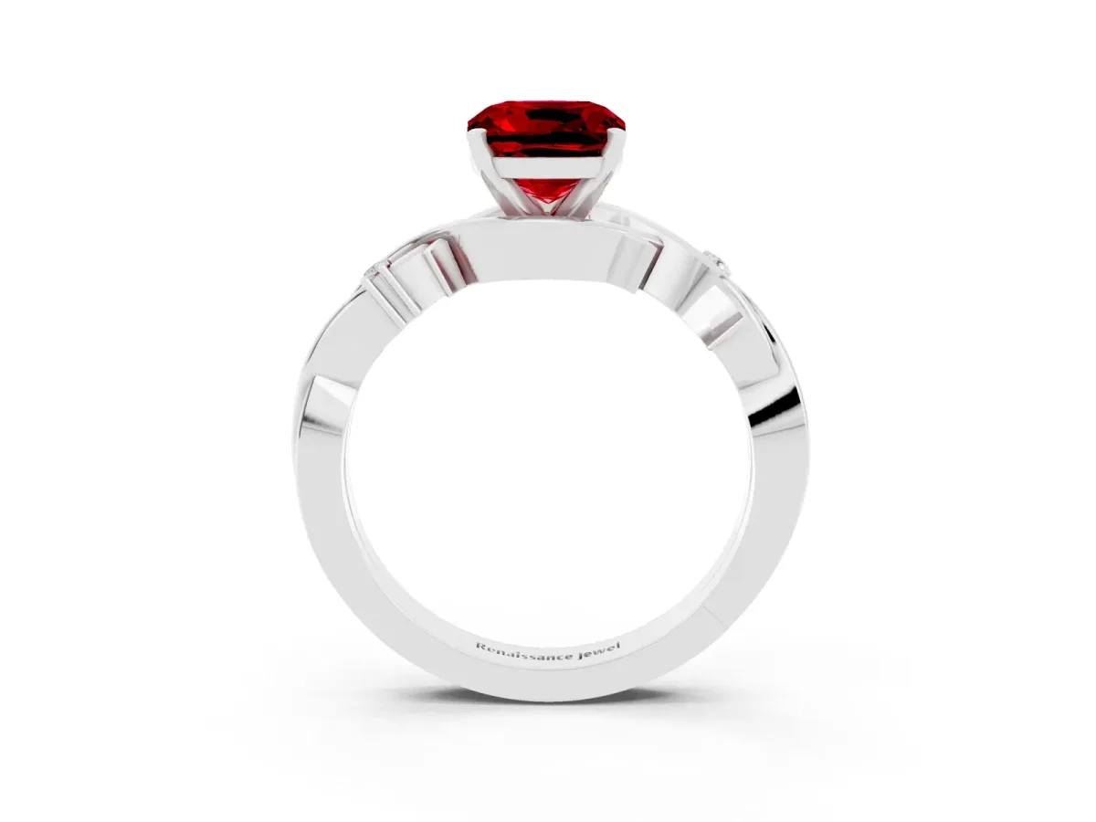 Cushion Cut Ruby Solitaire Ring with Twisted Band and Prong Setting Silver