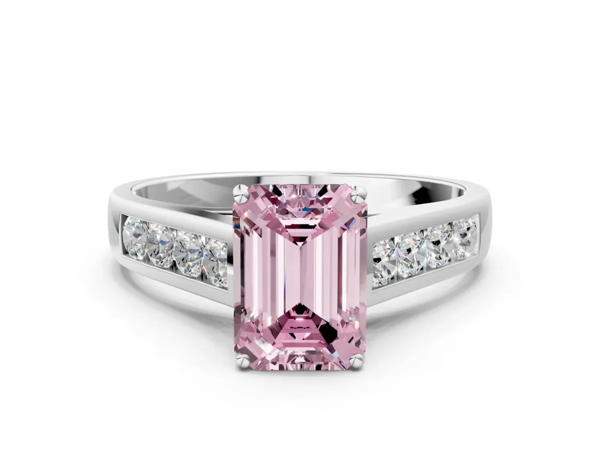 Fancy Pink Emerald Cut Brilliant Channel-Set Solitaire Ring with Four-Prong Setting White gold