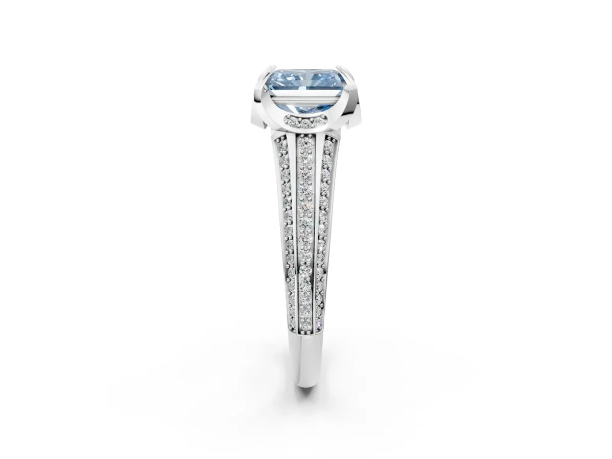 Fancy Blue Radiant Cut Solitaire Pave Split Shank Ring with Four-Prong Setting Platinum