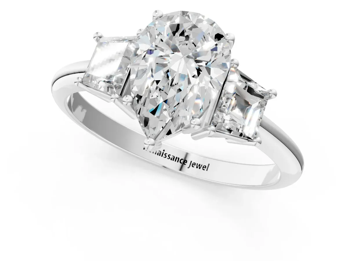 Pear Cut Diamond Three-Stone Ring with Trapezoid Side Stones and Prong Setting White gold