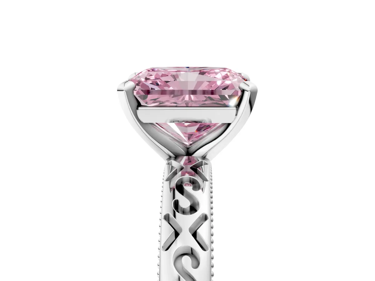 Fancy Pink Radiant Cut Solitaire Engagement Ring with Scrollwork Band and Four-Prong Setting Platinum