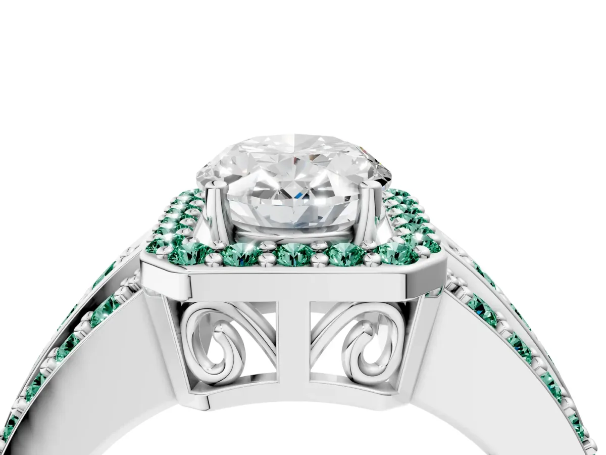 Oval Cut Halo Diamond Ring with Round Green Sapphire Split Shank and Prong Setting Silver
