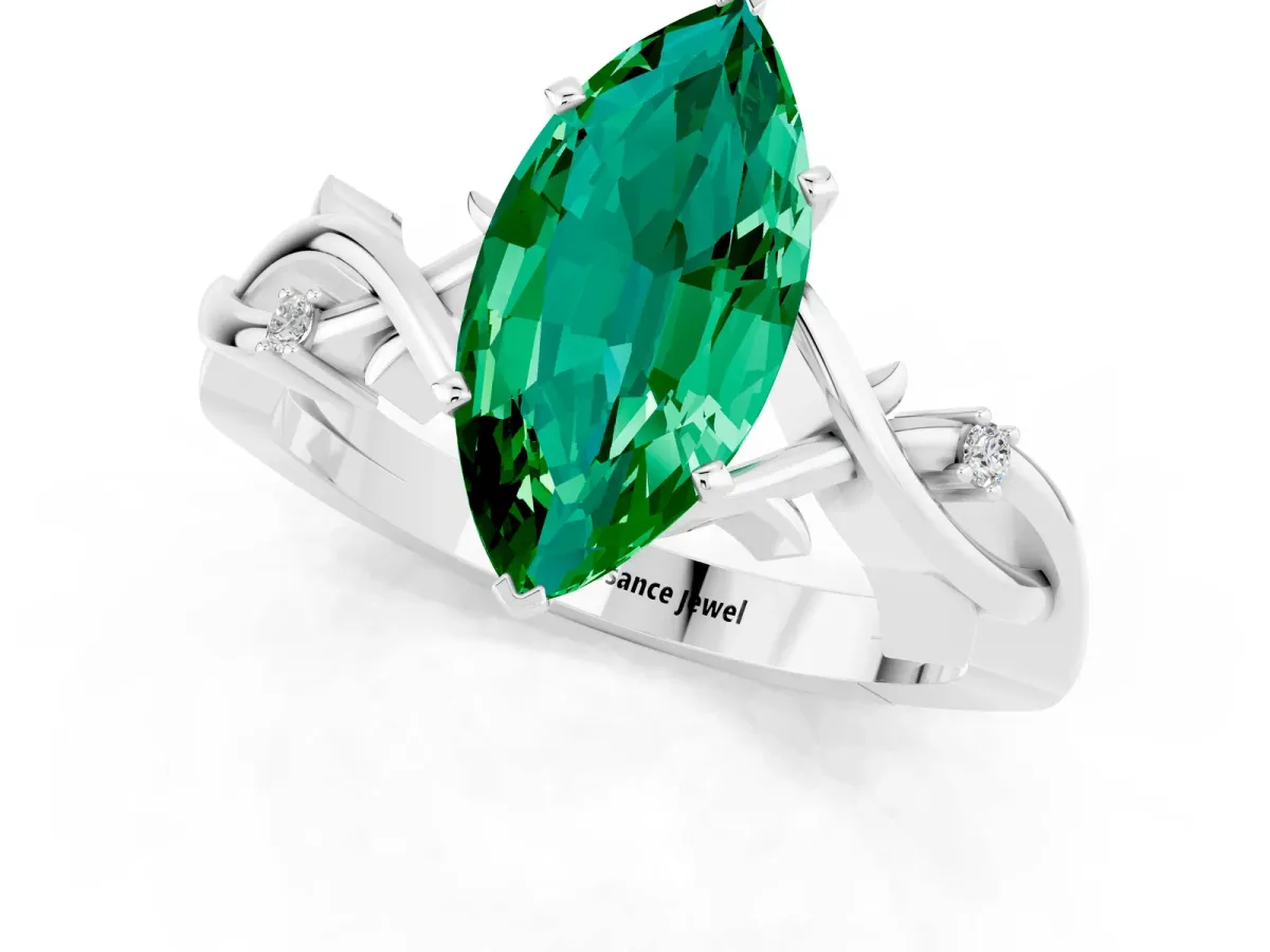 Marquise Cut Emerald Solitaire Ring with Twisted Band and Prong Setting Silver