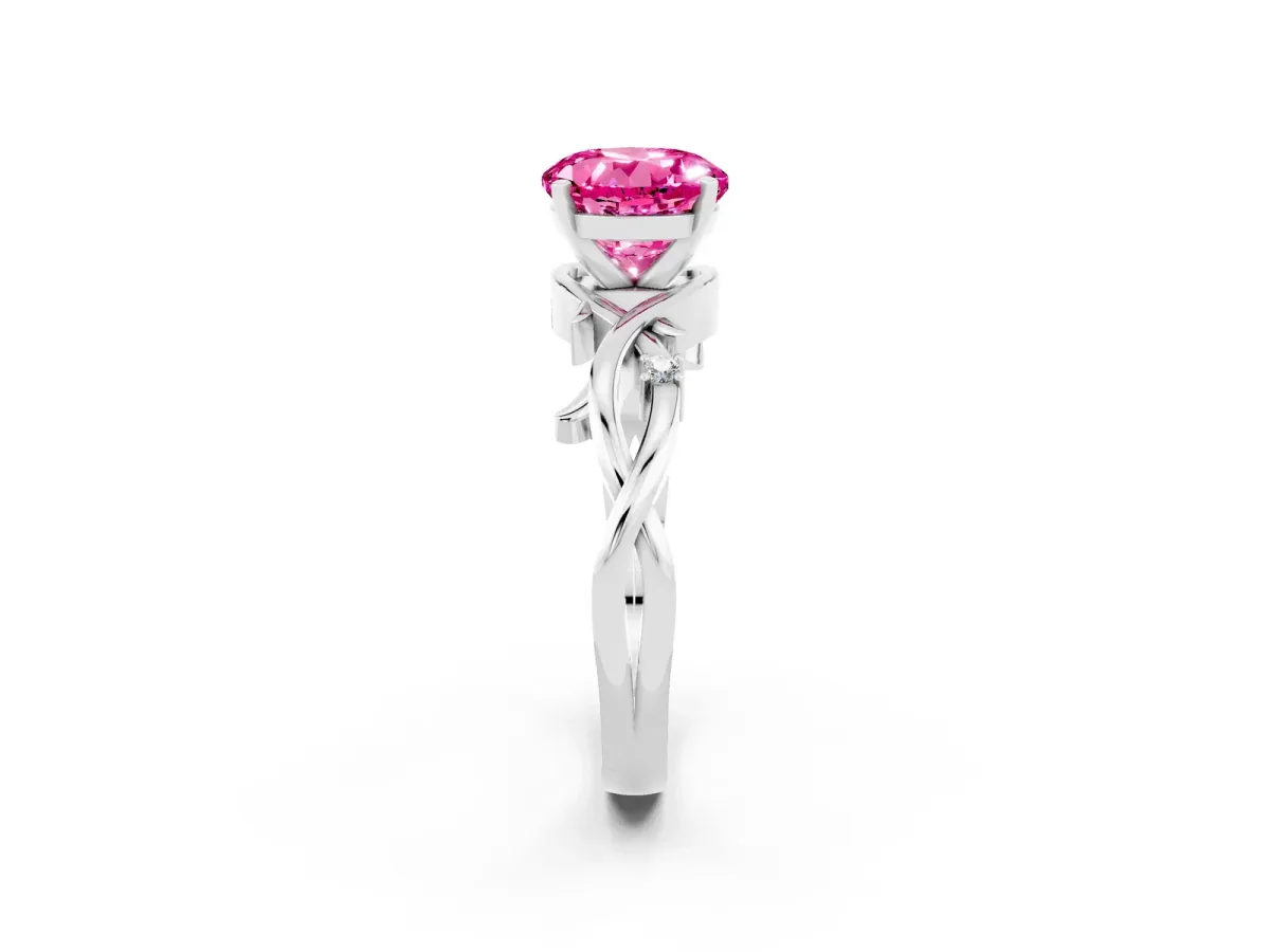 Round Cut Pink Sapphire Solitaire Ring with Twisted Band and Prong Setting Silver