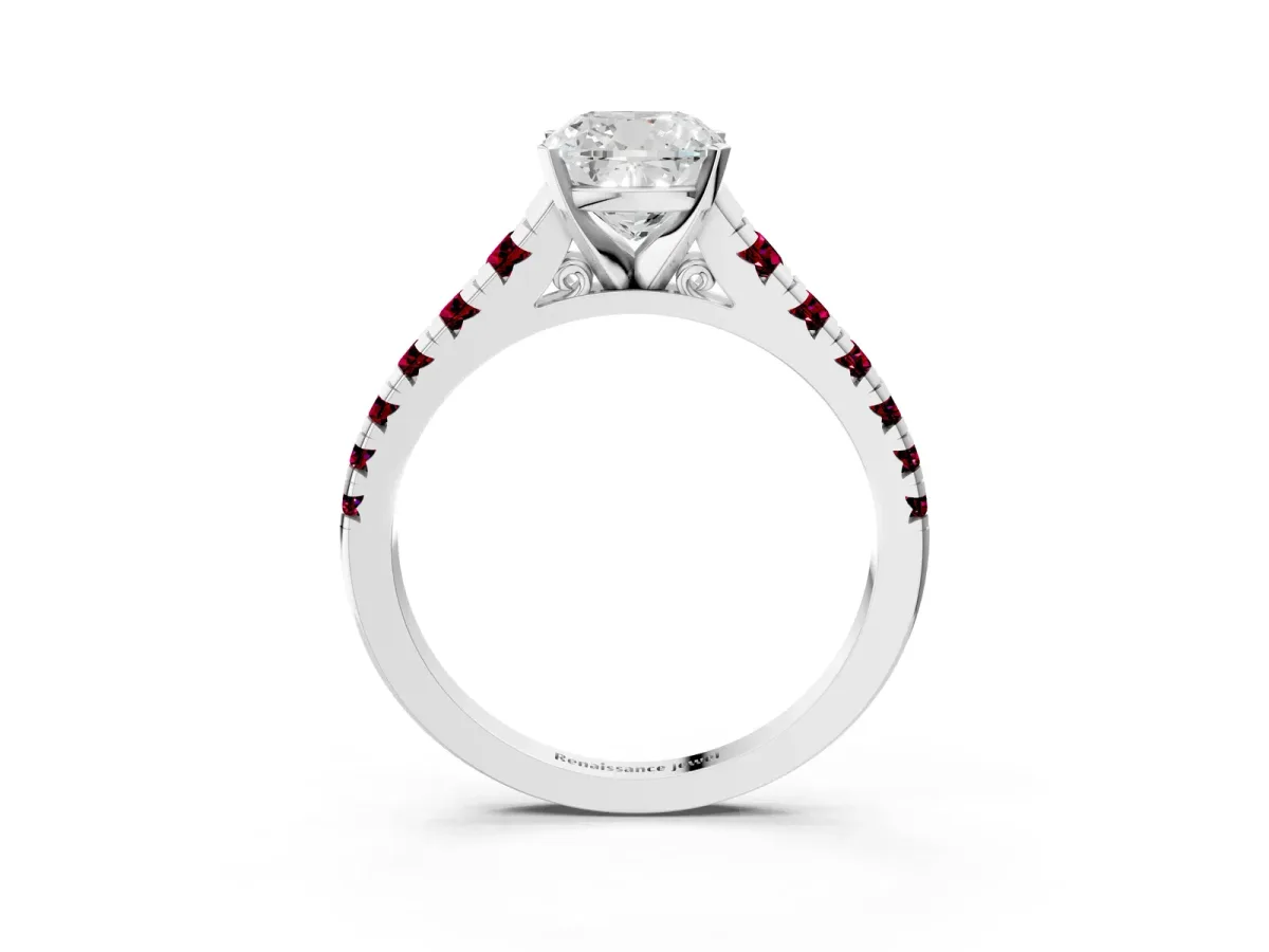 Cushion Cut Diamond Cathedral Solitaire Ring with Round Garnet Pavé Band Silver