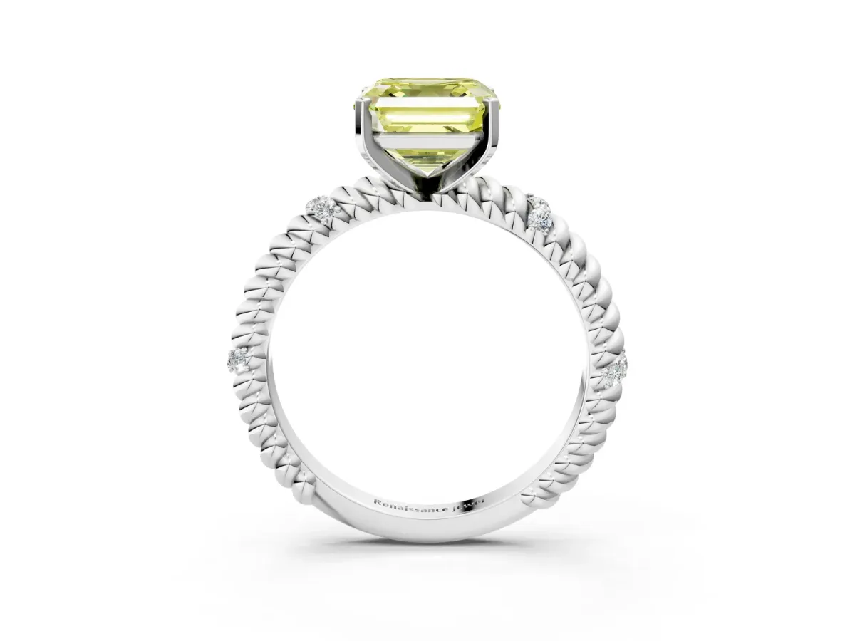Fancy Yellow Asscher Cut Solitaire Twisted Band Prong Set Engagement Ring Platinum