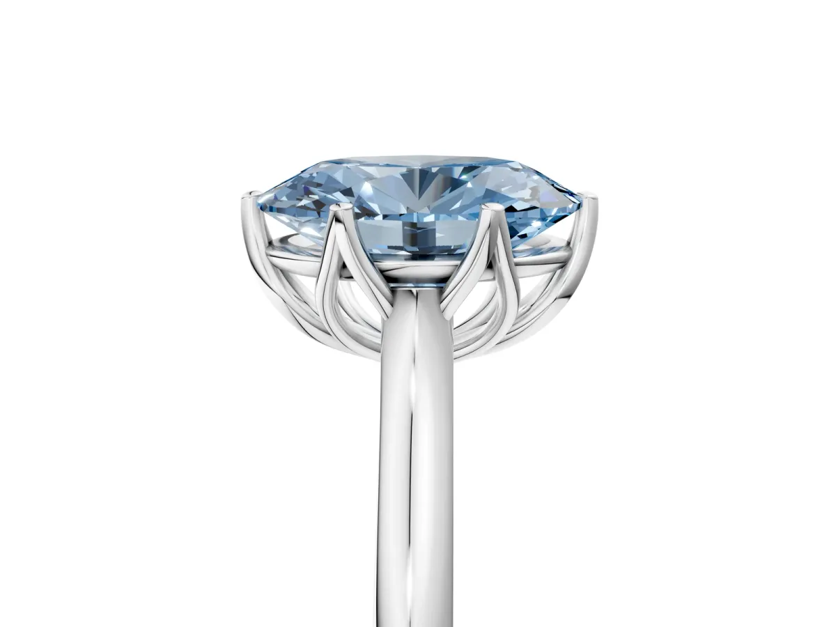 Fancy Blue Oval Cut Solitaire Cathedral Diamond Ring with Six-Prong Setting Silver