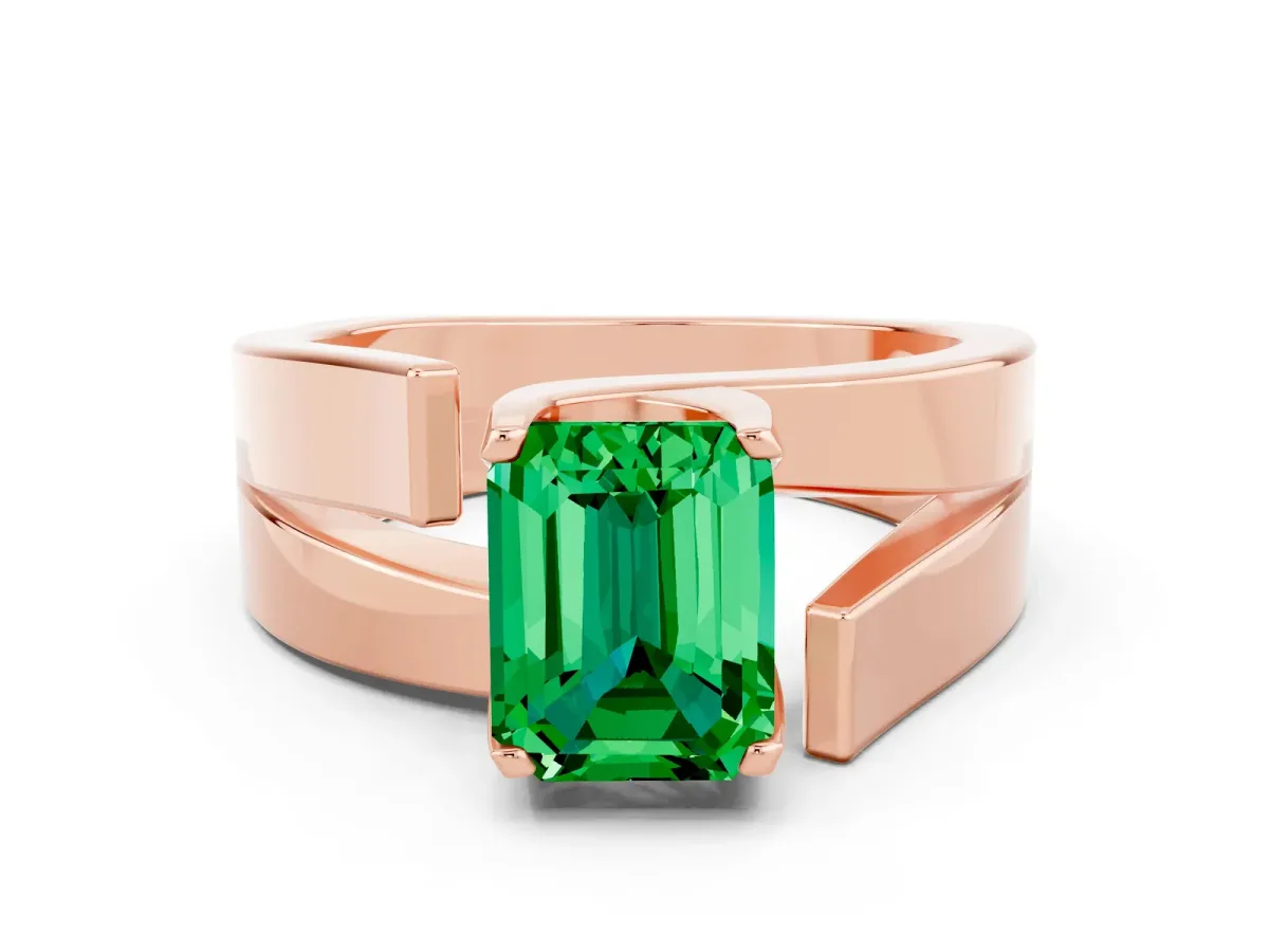 Modern Tension Set Emerald Cut Emerald Solitaire Wide Band Ring Rose gold