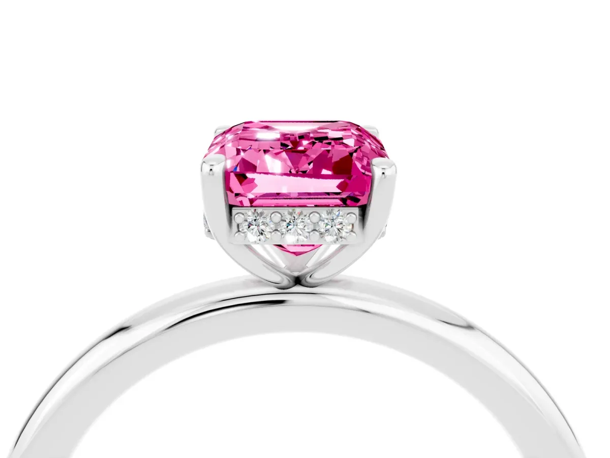 Emerald Cut Pink Sapphire Solitaire Ring with Thin Band and Four-Prong Setting White gold