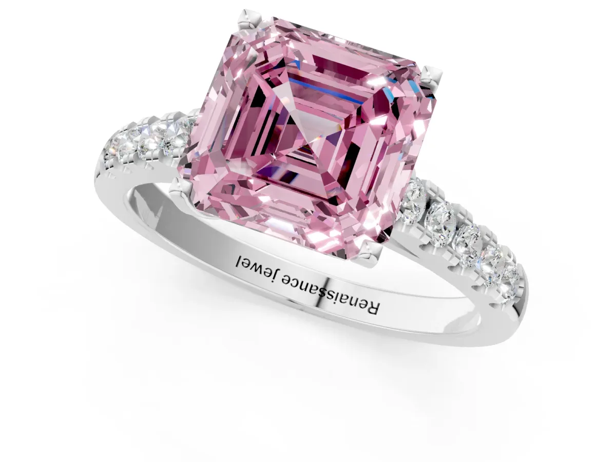 Fancy Pink Asscher Cut Diamond Pavé Band Solitaire Ring with Prong Setting Platinum