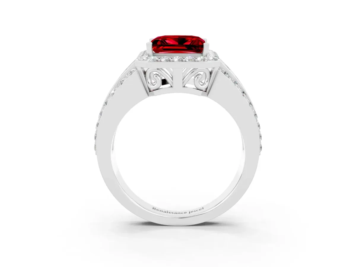 Princess Cut Halo Ruby Ring with Round Split Shank and Prong Setting White gold