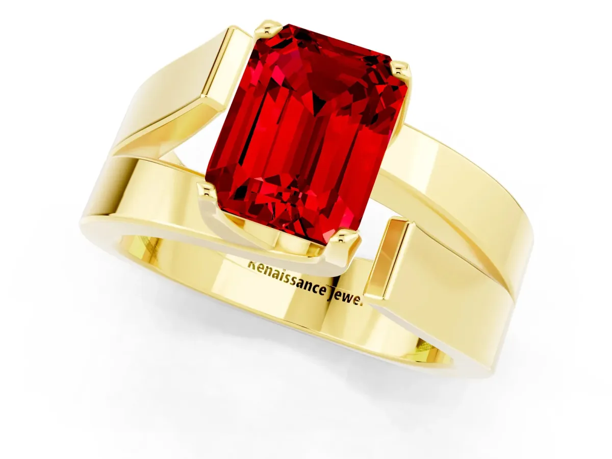 Modern Tension Set Emerald Cut Ruby Solitaire Wide Band Ring Yellow gold