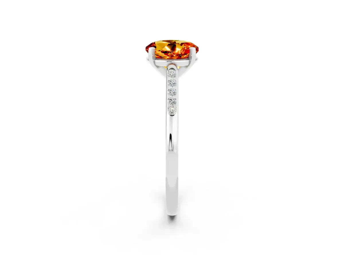 Round Cut Citrine Solitaire Ring with Channel Set Round Band and Prong Setting Silver