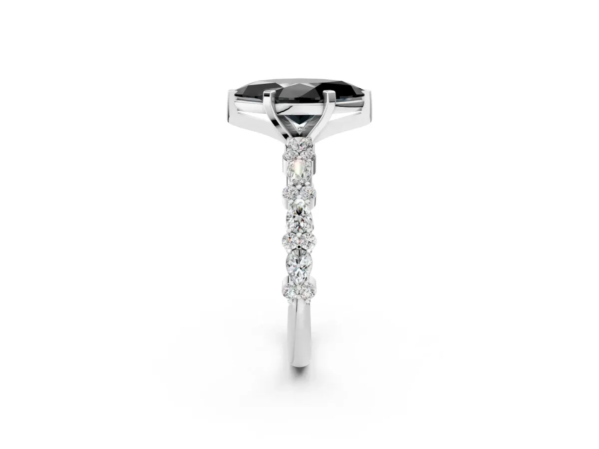 Fancy Black Marquise Cut Diamond Side Stone Solitaire Ring with Round and Four-Prong Setting Silver