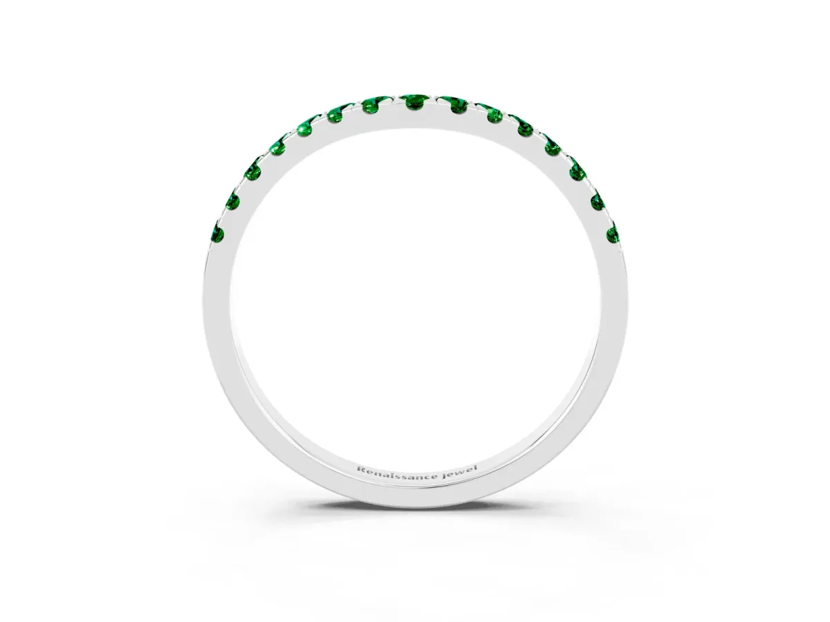 Curved Pavé Round Emerald Wedding Band with Shared Prong Setting Silver