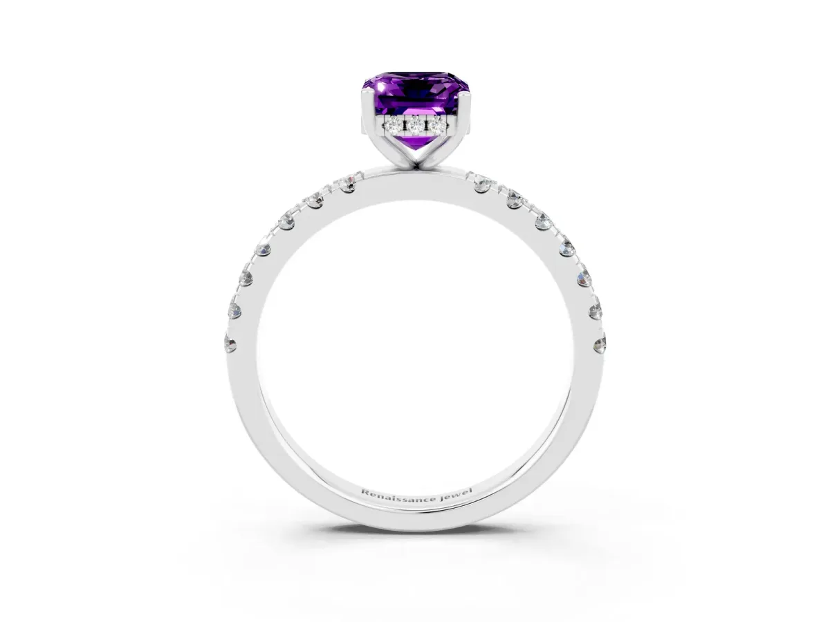 Emerald Cut Amethyst Pave Band Solitaire Ring with Round and Prong Setting Silver