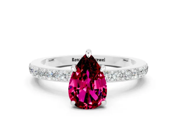 Pear Cut Garnet Solitaire Engagement Ring with Pavé Band and Four-Prong Setting White gold
