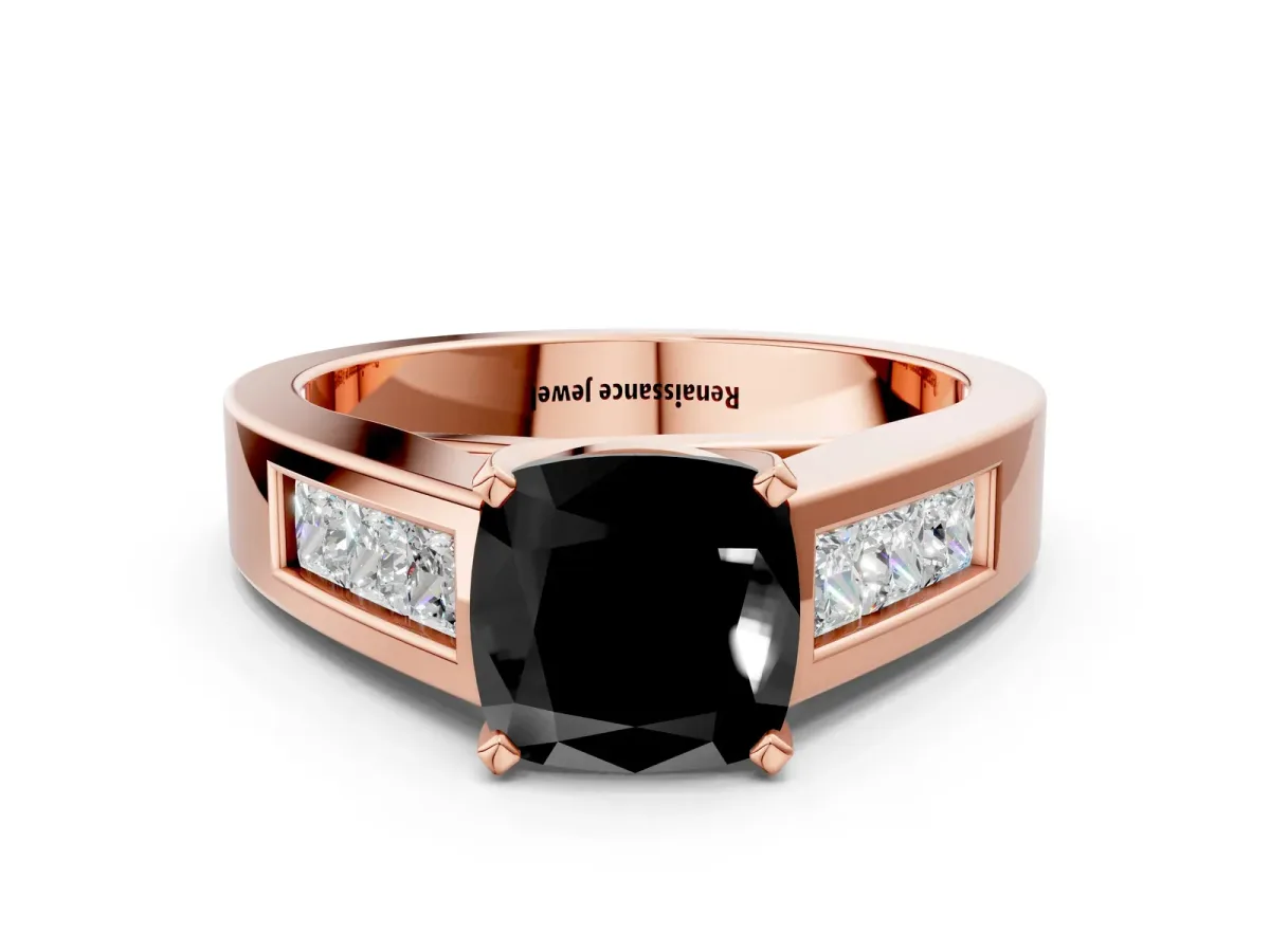Fancy Black Cushion Cut Cut Channel Set Solitaire Ring with Four-Prong Setting Rose gold