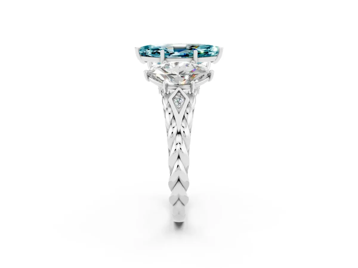 Three-Stone Marquise Cut Blue Topaz Braided Band Ring with Four-Prong Setting Platinum