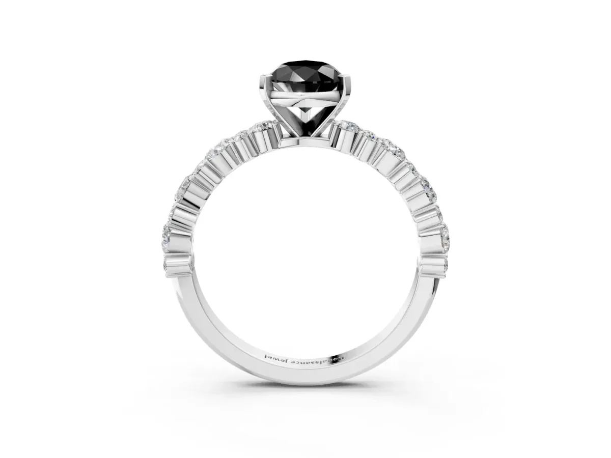 Fancy Black Pear Cut Diamond Side Stone Solitaire Ring with Round and Four-Prong Setting Silver