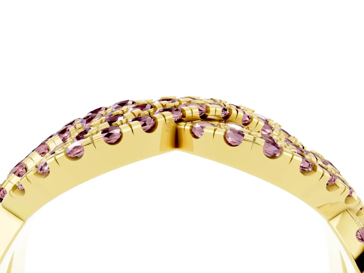 Pavé Round Morganite Infinity Twist Band with Shared Prong Setting Yellow gold