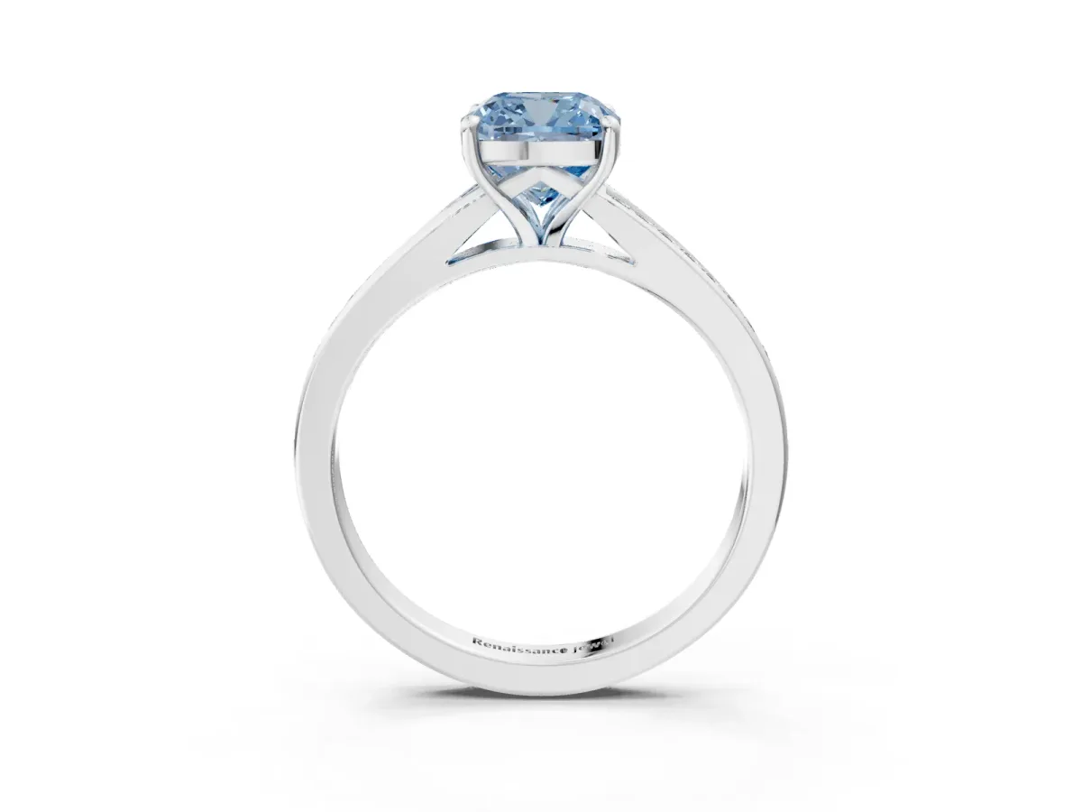 Fancy Blue Cushion Cut Diamond Solitaire Ring with Pavé Band and Prong Setting Silver