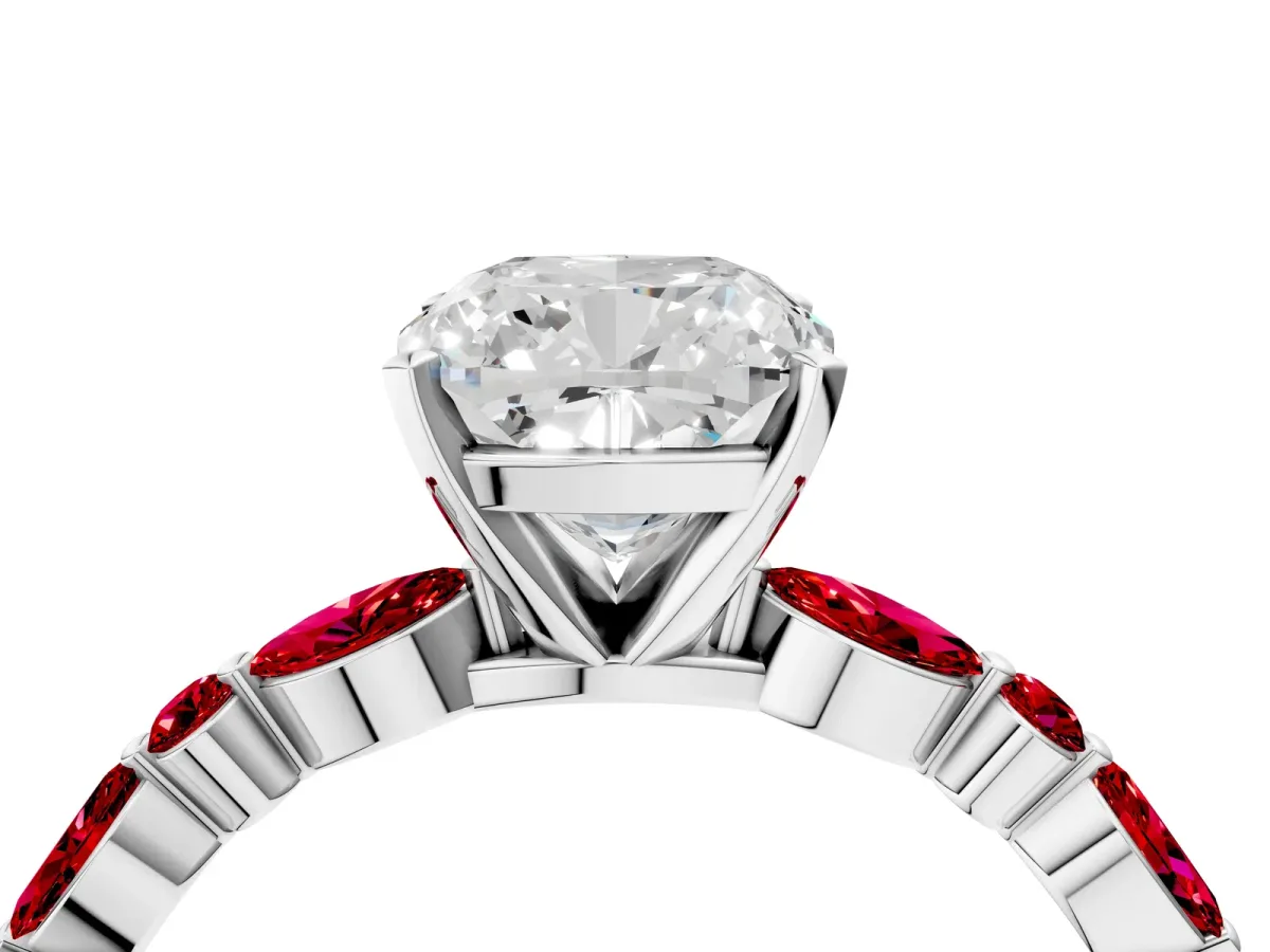 Cushion Cut Diamond Ring with Marquise and Round Ruby Side Stones and Four-Prong Setting Platinum