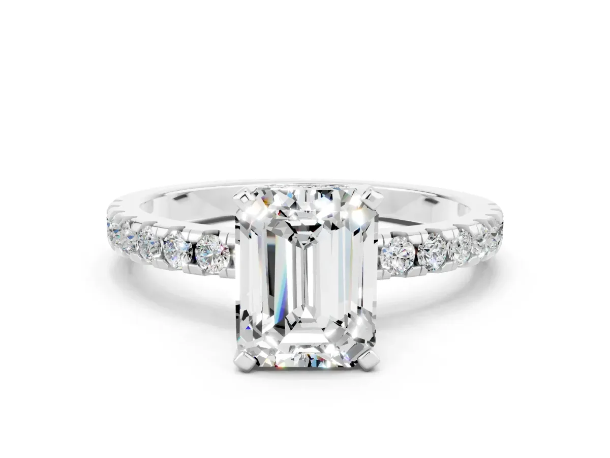 Emerald Cut Moissanite Solitaire Ring with Round Pavé Band and Four-Prong Setting Silver