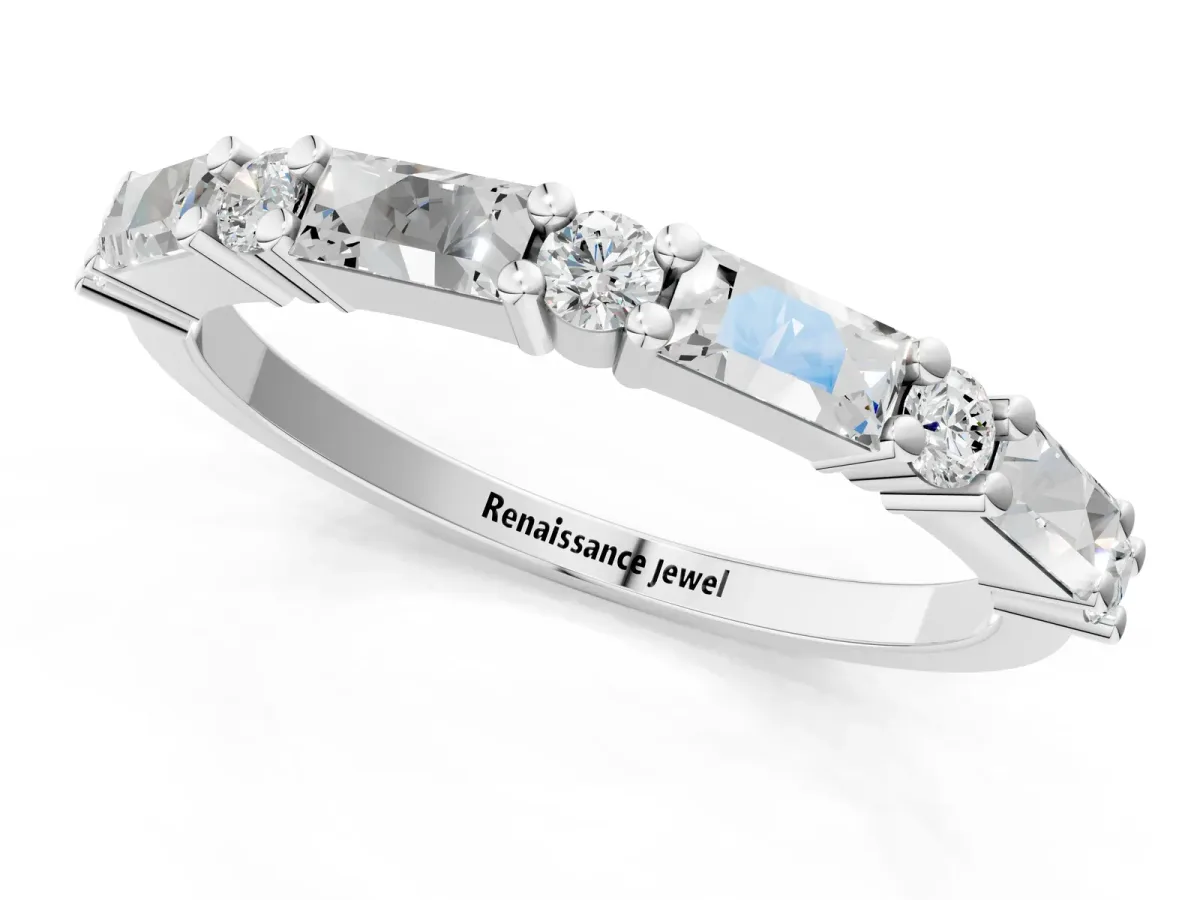 Baguette and Round Diamond Bar Setting Half Eternity Band with Prong Setting Platinum