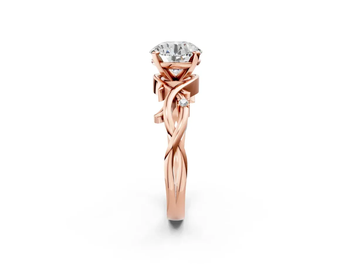 Round Cut Diamond Solitaire Ring with Twisted Band and Prong Setting Rose gold