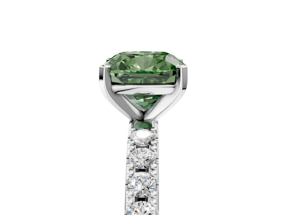 Fancy Green Cushion Cut Diamond Solitaire Pavé Band with Four-Prong Setting Silver