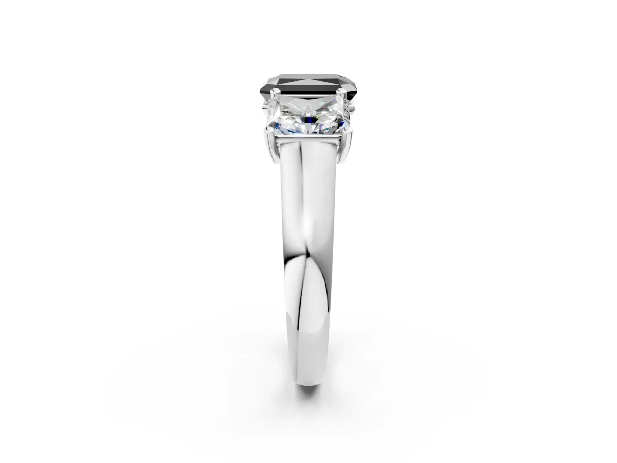 Fancy Black Radiant Cut Three-Stone Diamond Ring with Prong Setting on a Classic Band Platinum