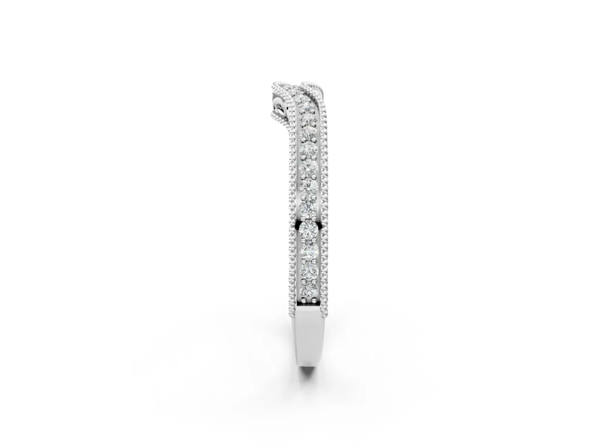 Pave Round Diamond Curved Milgrain Band Silver