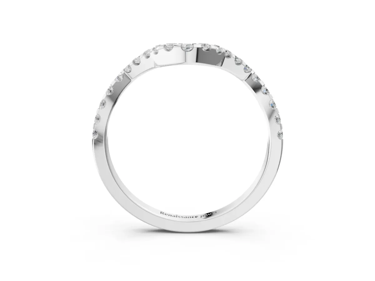 Round Diamond Pavé Chevron Wedding Band with Prong Setting White gold