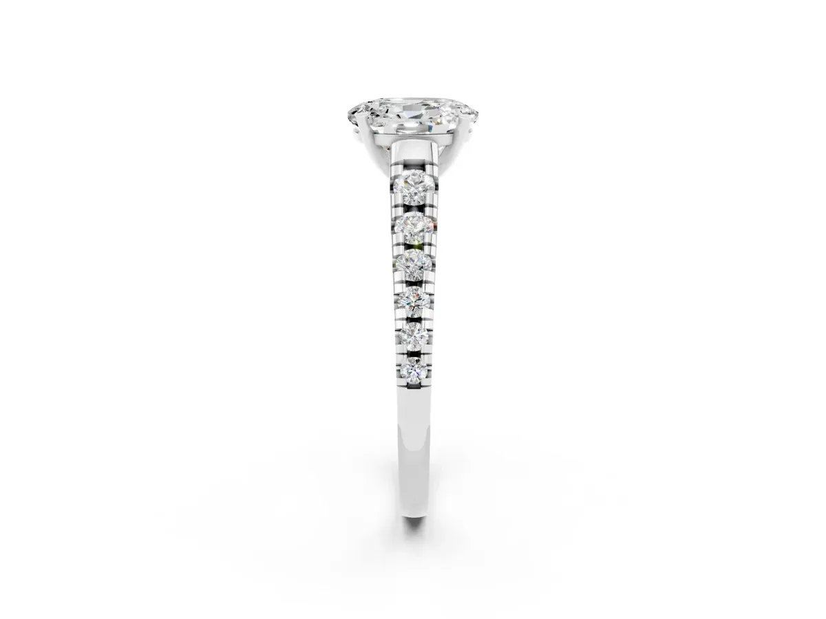 Oval Cut Moissanite Cathedral Solitaire Ring with Round Pavé Band Silver