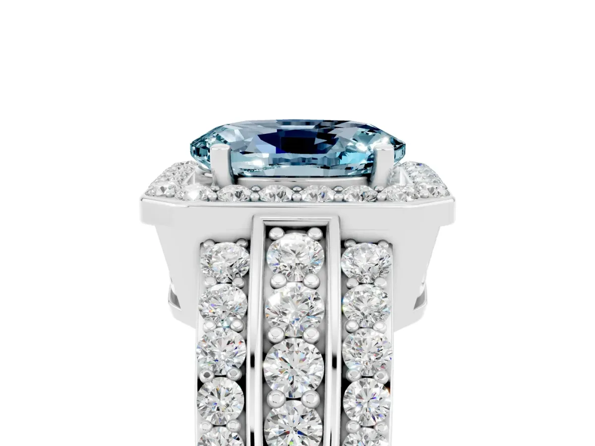 Oval Cut Halo Aquamarine Ring with Round Split Shank and Prong Setting Platinum