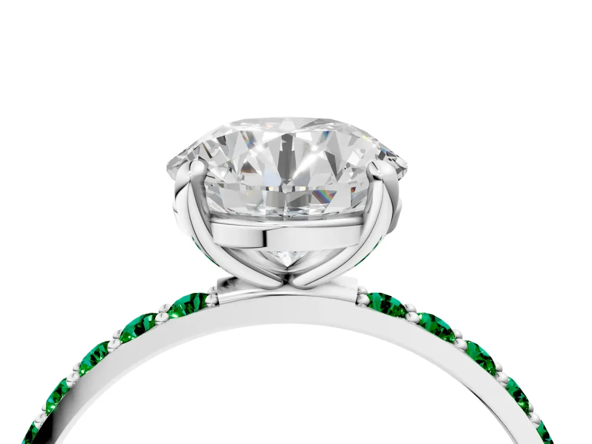 Round Cut Diamond Solitaire Ring with Round Emerald Pavé Band and Prong Setting Platinum