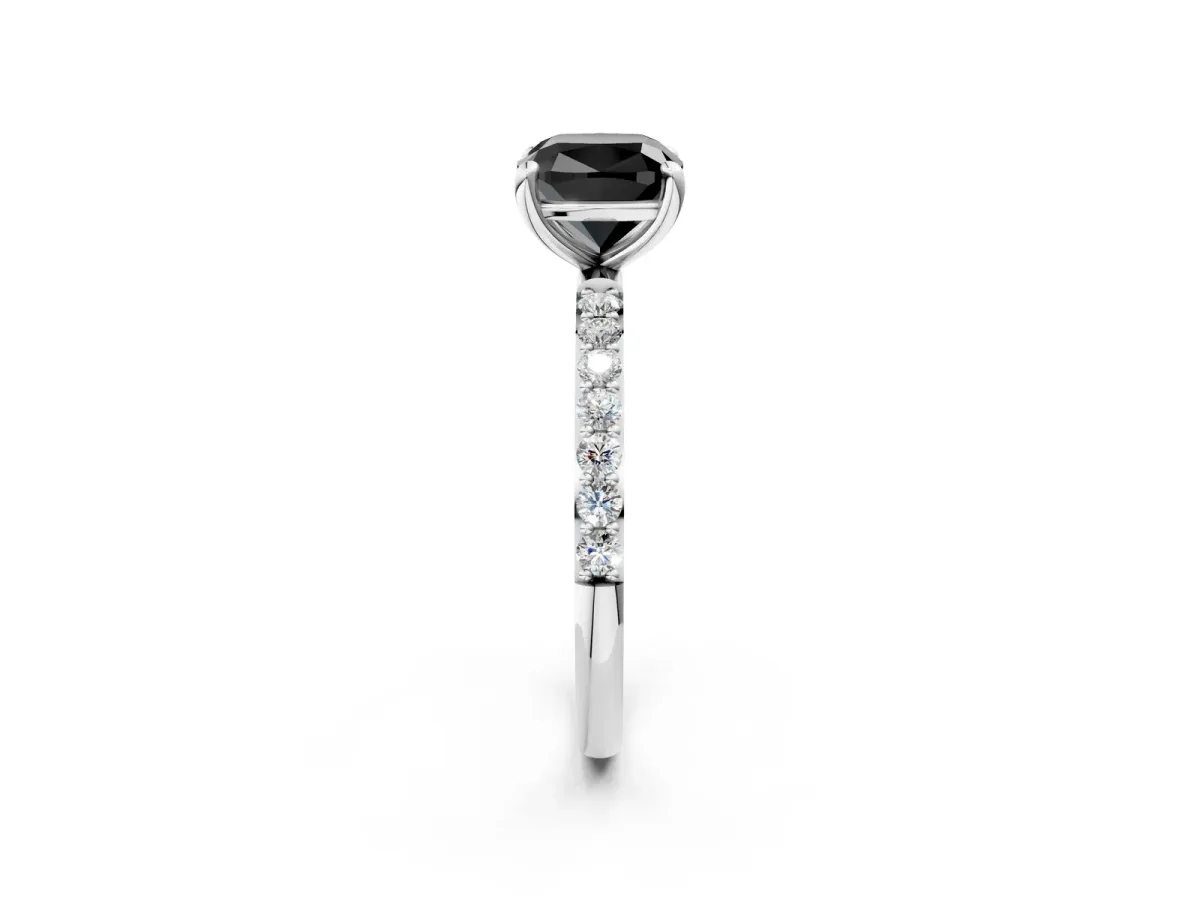 Fancy Black Cushion Cut Diamond Solitaire Ring with Round Pavé Band and Prong Setting Silver