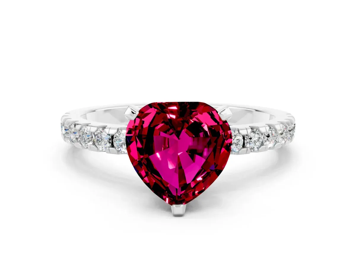 Heart Cut Garnet Solitaire Ring with Round Pavé Band and Four-Prong Setting Silver