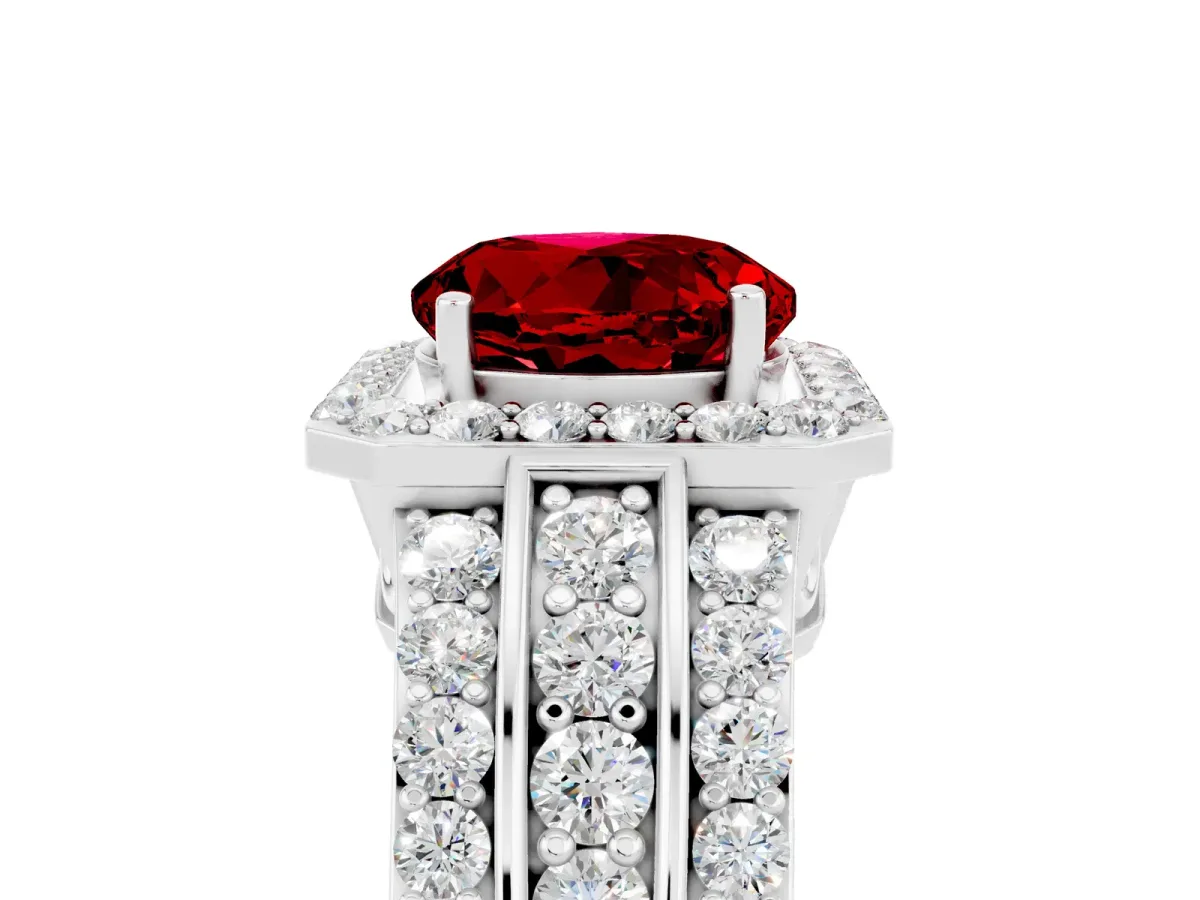 Round Cut Halo Ruby Ring with Round Split Shank and Prong Setting Platinum