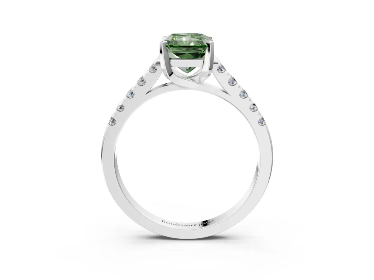 Fancy Green Radiant Cut Diamond Pavé Band Solitaire Ring with Prong Setting Platinum