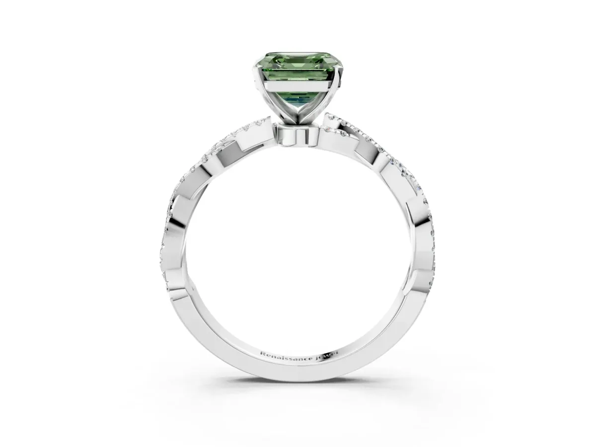 Fancy Green Asscher Cut Solitaire Twisted Pave Band with Four-Prong Setting Platinum